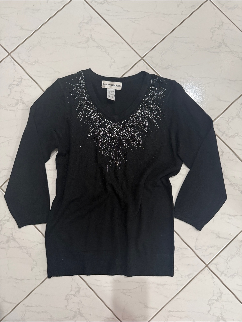 Cathy Daniels Black V-Neck Sweater with Rhinestone Floral Accent